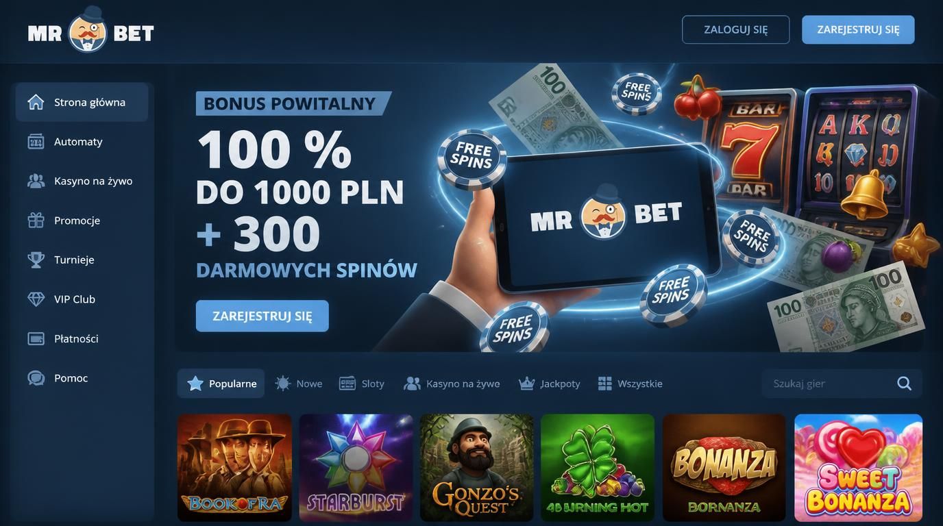 banner bonusu powitalnego Mr Bet   100 % do 1000 PLN + 300 FS z symbolami slotów 