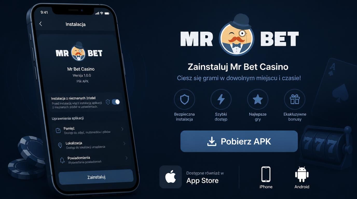  Telefon pokazujący proces instalacji Mr Bet APK i App Store 
