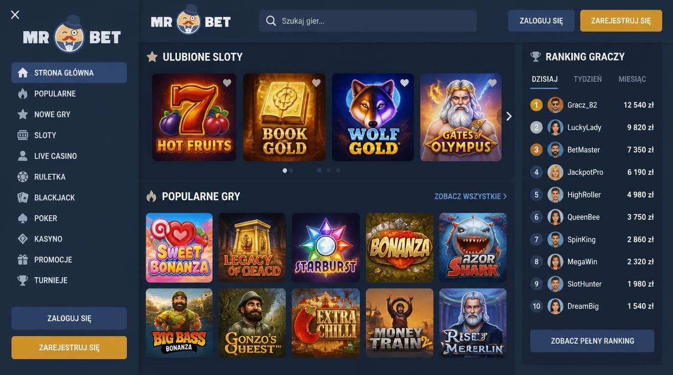  Interfejs aplikacji z menu, rankingiem i wyszukiwarką 