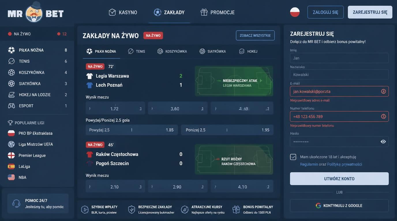 Interfejs rejestracji i zakładów na żywo kasyna