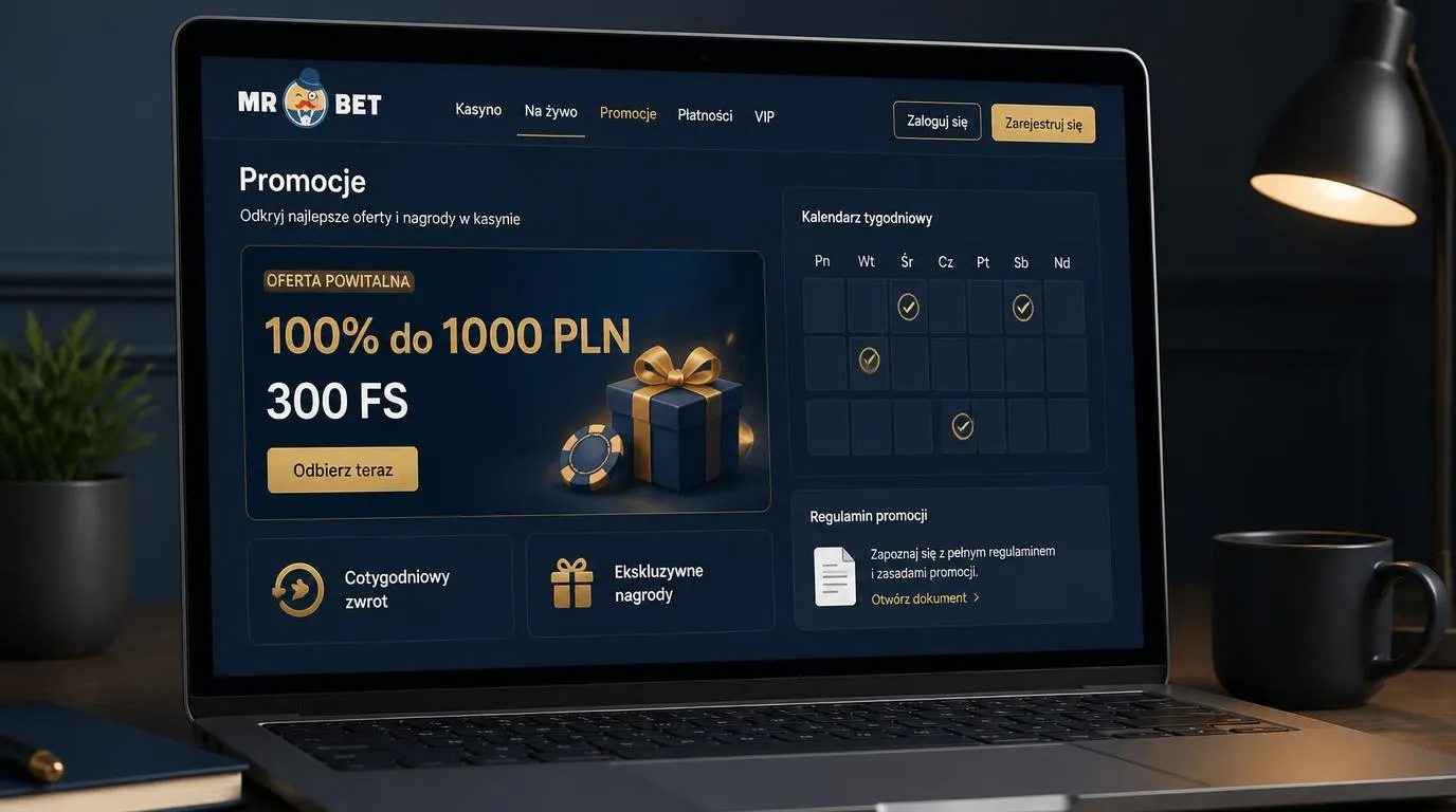 Panel promocji kasynowych z bonusem 100% do 1000 PLN, 300 darmowymi spinami i kalendarzem nagród