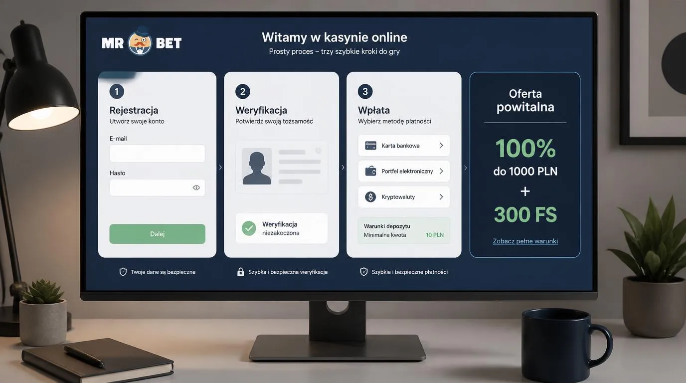 Ekran rejestracji, weryfikacji tożsamości i kasy z wyborem płatności oraz warunkami bonusu