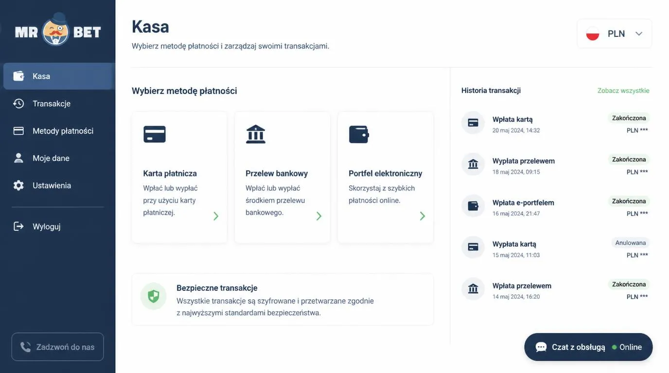 Panel kasjera w języku polskim z walutą PLN, metodami płatności i przyciskiem czatu